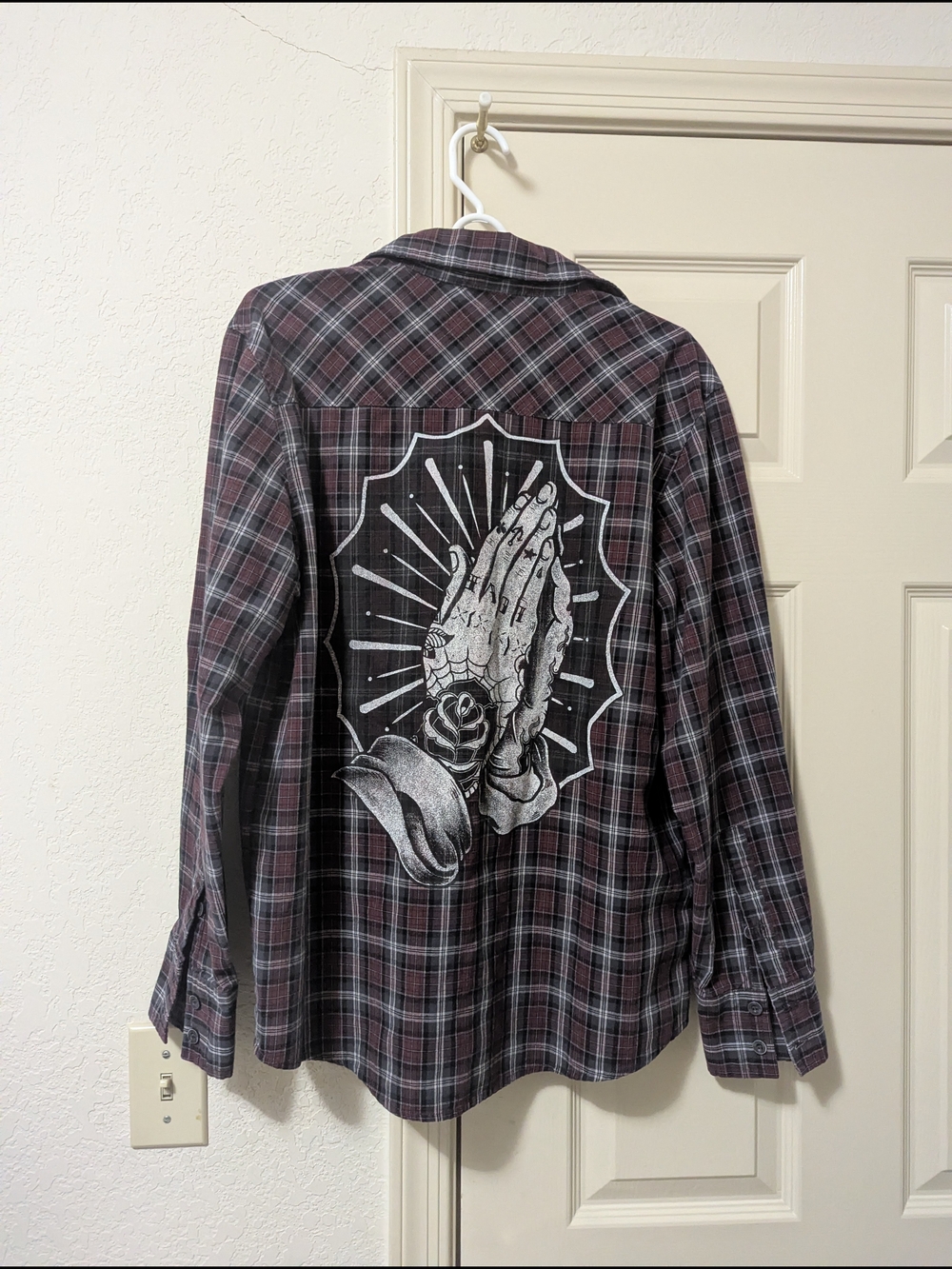 Black Market Art Company Plaid Flannel Shirt with Graphic Praying Hands Back Med
